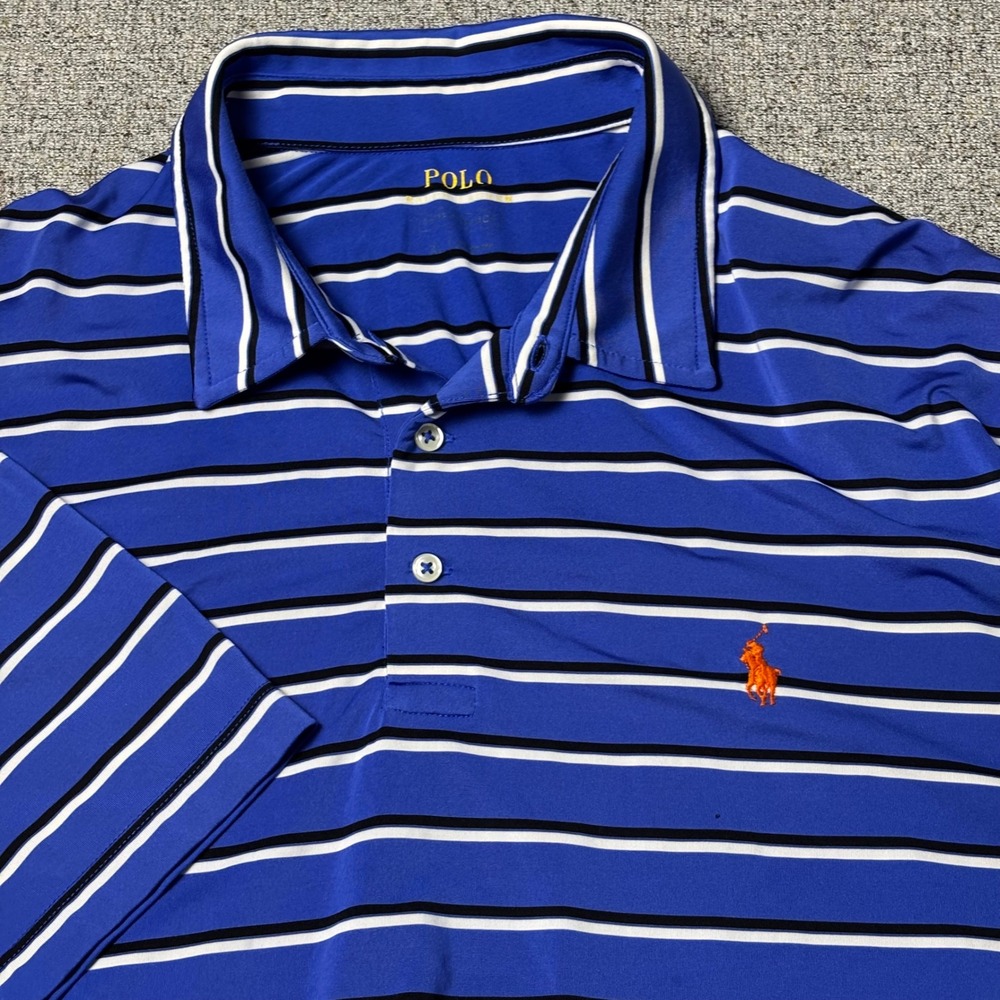 Polo Ralph Lauren Polo Shirt Mens XL Blue Striped Performance Orange Pony